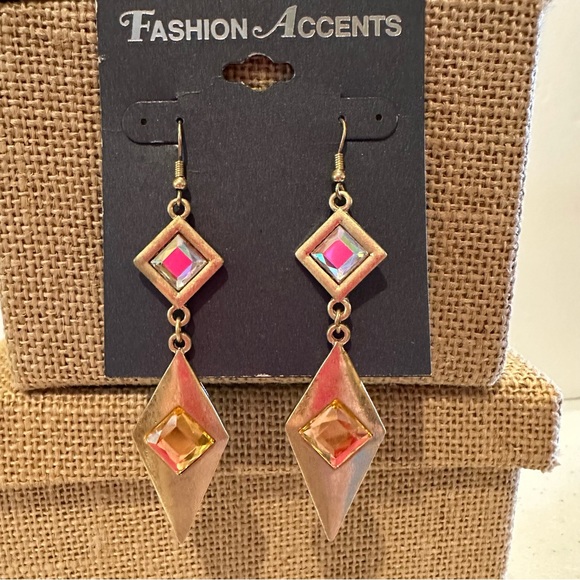 NWT Fashion Accents Earrings matte gold tone w/ Aurora Borealis Crystal dangles - Picture 3 of 8